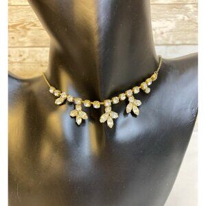 Vtg Clear Rhinestone Bib Necklace Choker Prong Set Honey Bees Dainty 14.5” Chain